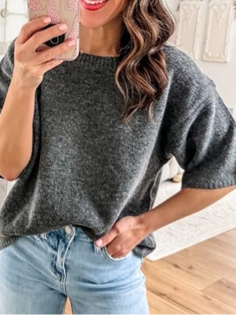 Cozy Charcoal Short Sleeve Crew Sweater🚌
